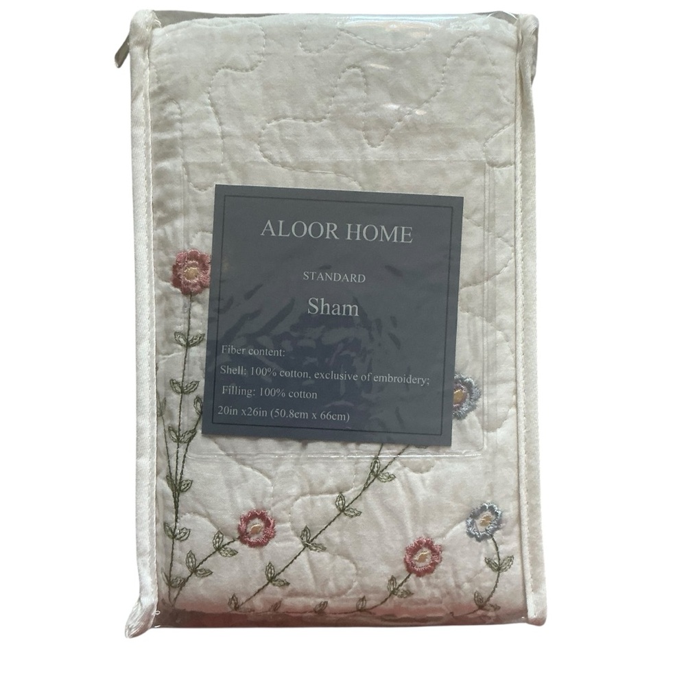 Vtg cottagecore Aloor home quilted standard pillow sham with flower embroidered